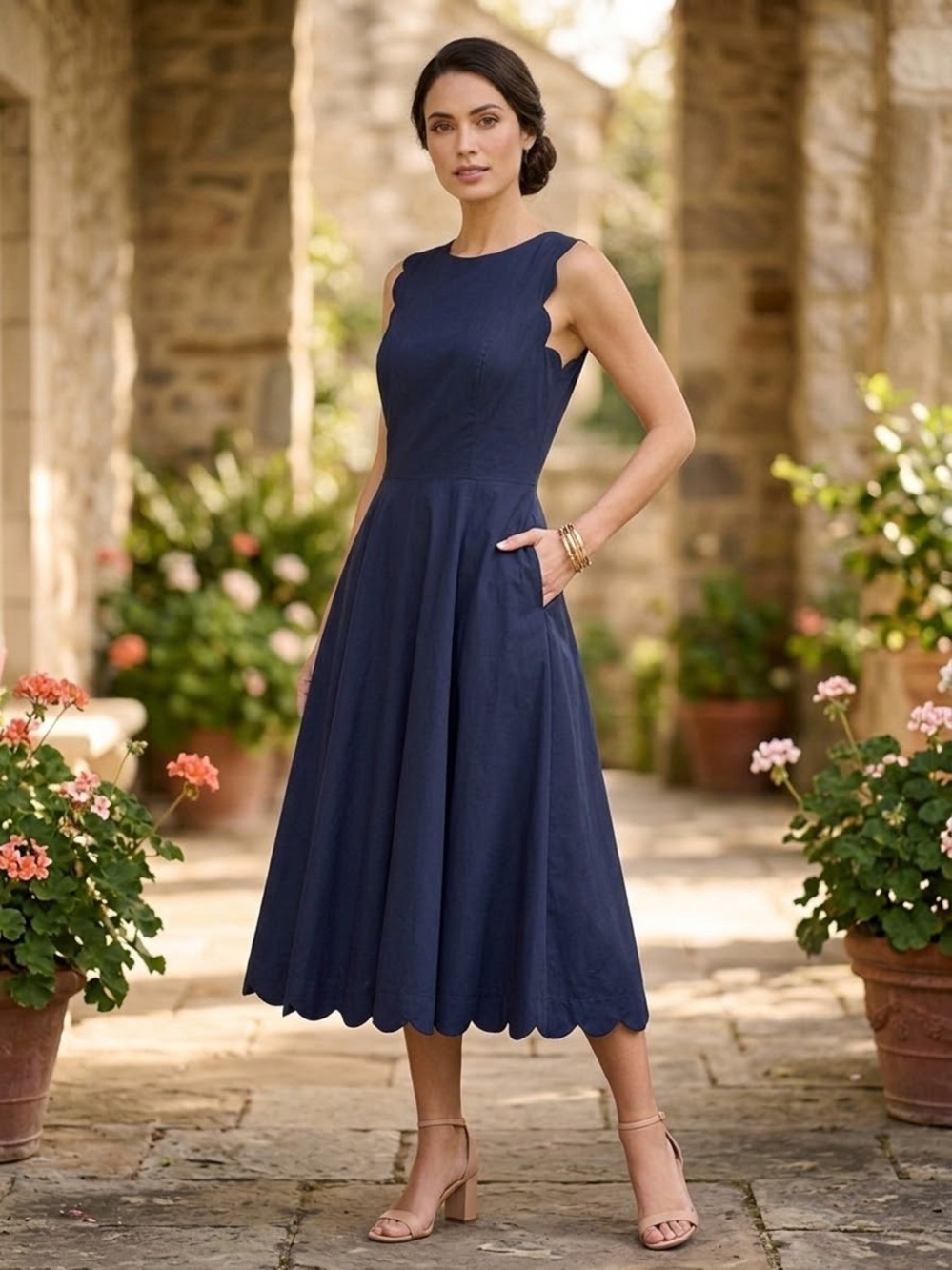 Boden Elegant Navy Blue Scallop Edge Fit & Flare Midi Dress - Sz 8 Long W/Pocket